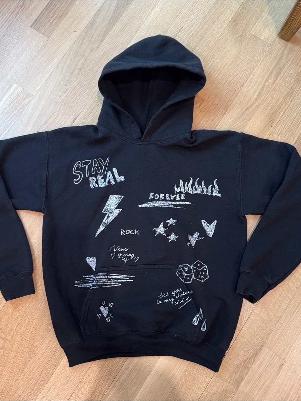 Urban Outfitters Black Hoodie with White Graphic 'Stay Real'